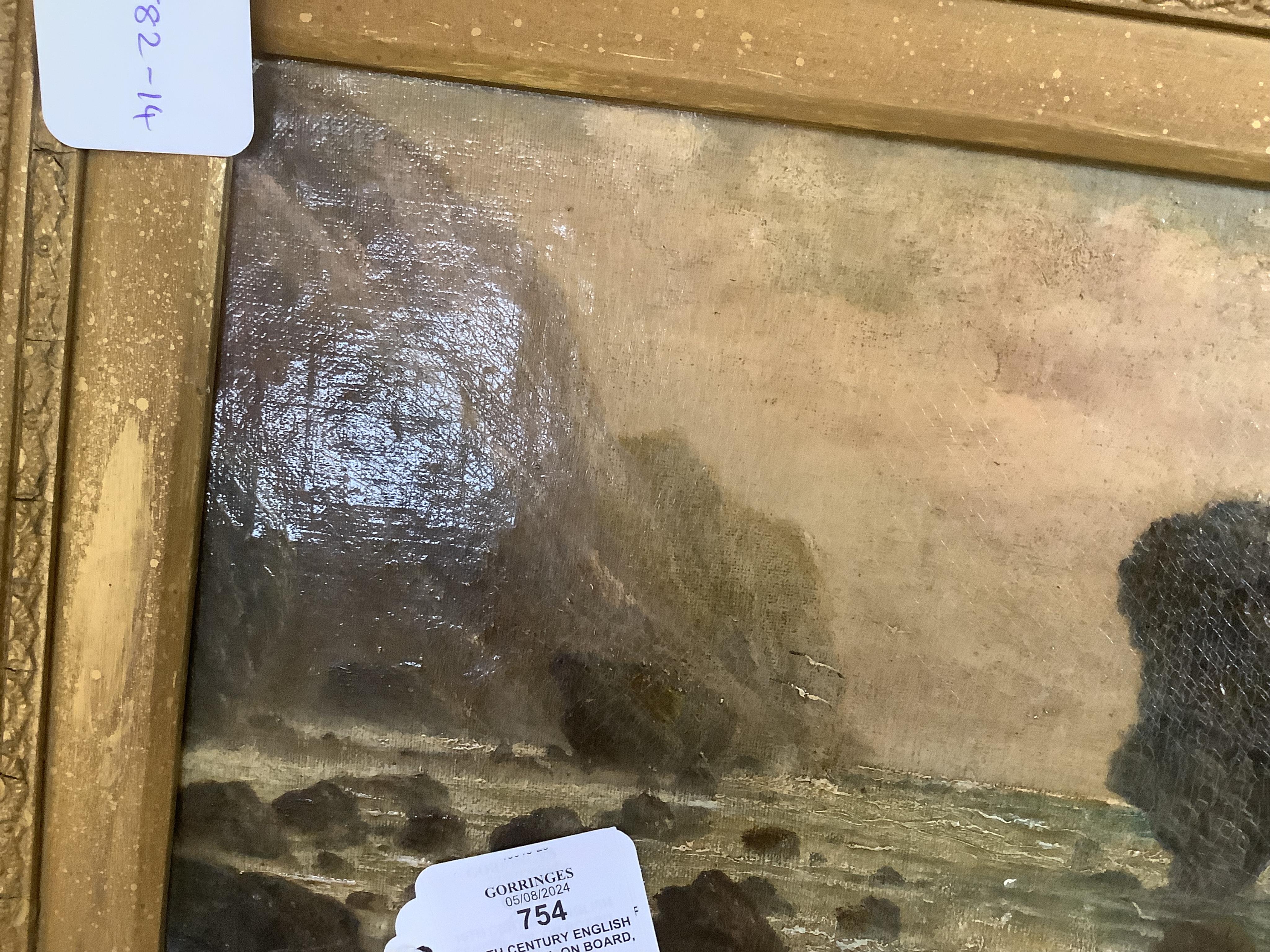 19th century English School, oil on board, Dorset Jurassic coast, showing a coastal rock formation similar to Durdle Door, 18 x 29cm, gilt frame. Condition - fair, some paint chips